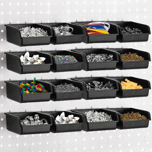 Foraineam Paquete de 16 cubos de tablero de clavijas con ganchos de metal, contenedores negros para banco de trabajo de garaje, vasos, kit de