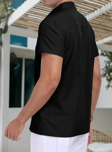 Vista 4 de Camisa de campamento cubano de manga corta para hombre, casual, verano, playa, con botones, guayabera Negro