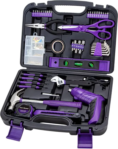 Cartman Juego de herramientas de 149 piezas con destornillador inalámbrico morado Caja de herramientas esenciales para el hogar Kit de herramientas