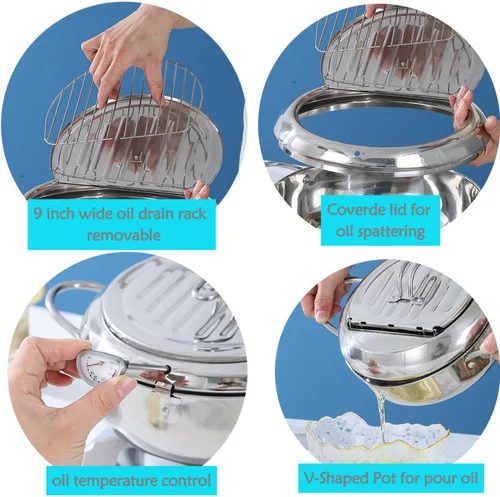 Vista 4 de Olla para freidora profunda de 11 pulgadas con control de temperatura °F y escurridor de goteo de aceite para papas fritas, pollo, tempura japonesa