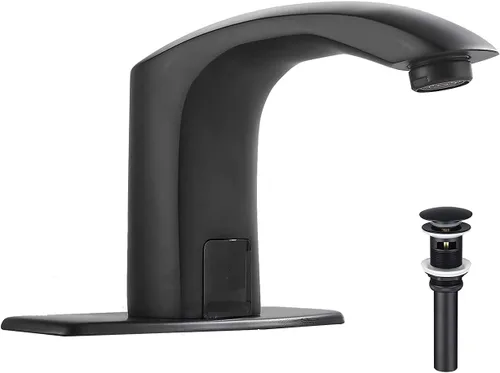 Grifo de baño automático negro activado por movimiento, sin contacto, bañera, lavabo, lavabo, aireador, un agujero, mezclador de latón, desagüe