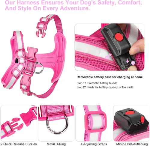 Vista 5 de Arnés con luz LED para perro, recargable, sin estrangulamiento, con luz solar, chaleco impermeable para perros medianos y grandes, XL, para camping