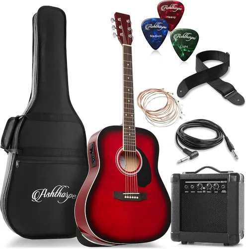 Vista 8 de Ashthorpe Paquete de guitarra eléctrica acústica Dreadnought de tamaño completo con amplificador de 10 W, color negro