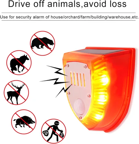 Vista 5 de Paquete de 2 luces solares de alarma de seguridad, sonidos de disparo de 129 dB y sonido de ladridos de perro y luz estroboscópica lámpara