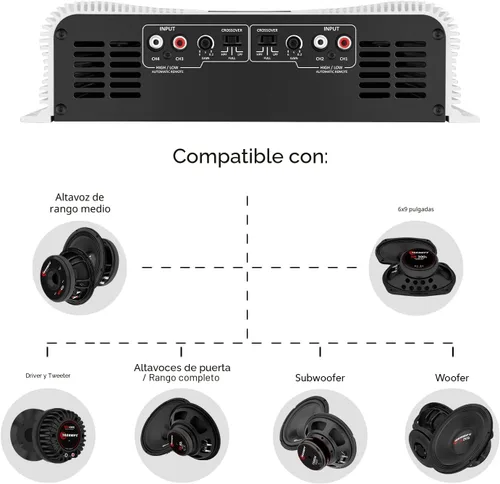 Vista 7 de Taramp's DS 2000x4 2 ohmios 2000 vatios RMS 4 canales 500x4 vatios RMS, rango completo clase D, crossover paso alto/bajo amplificador de audio