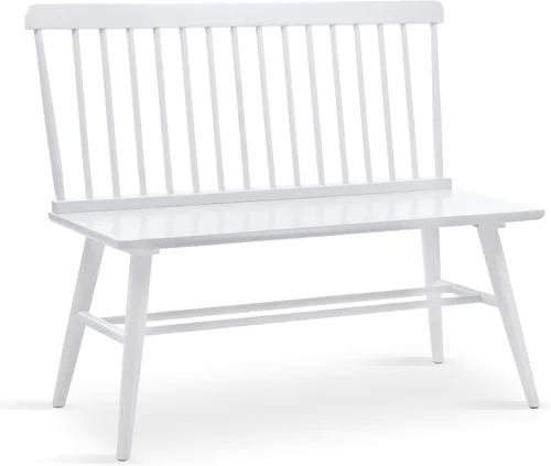 Vista 3 de DUHOME Banco de comedor de entrada con respaldo de husillo, banco Windsor de madera para vestíbulo, balcón, sala de estar, color blanco