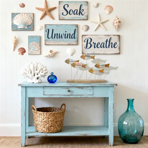 Vista 7 de ZENFUN 5 piezas de decoración de mesa de peces de madera, centro de mesa de verano oceánico, estatuas de animales marinos, letrero de pie, peces