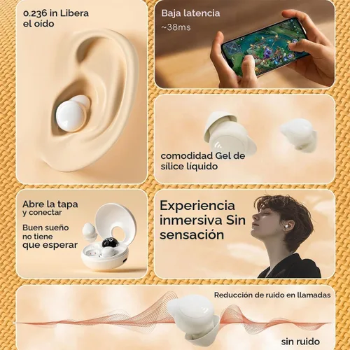 Audífonos Bluetooth inalámbricos invisibles para dormir, con cancelación de ruido, discretos auriculares intrauditivos para dormir, auriculares Beige
