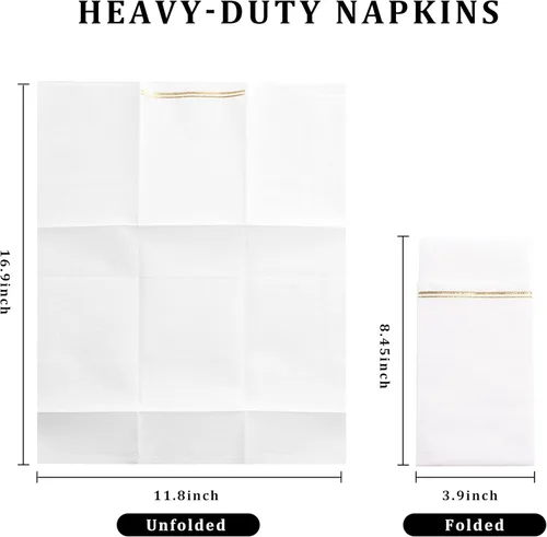 Vista 7 de Nervure 125 platos de plástico dorado transparente con borde dorado, 100 servilletas de papel blanco y dorado, servilletas desechables para bodas