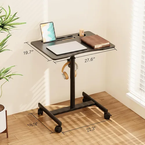 Vista 2 de Escritorio móvil de pie, escritorio portátil de 28 pulgadas con soporte para tazas, estación de trabajo móvil con ruedas, carrito de escritorio