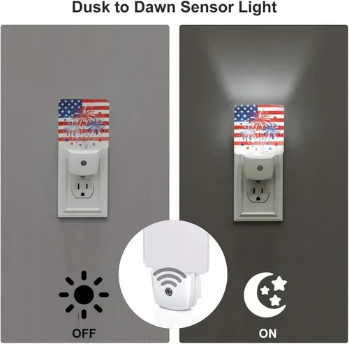 Vista 5 de 4th of July Patriotic Night Light Set of 2, USA Auto Sensor LED Dusk-to-Dawn Nightlights, Plug-in Sensor Lamp for Bedroom Bathroom Kitchen Hallway