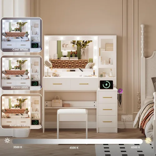 Vista 3 de Mesa de tocador blanca con cajón, tocador de maquillaje estilo granja con estación de carga, escritorio de tocador con luces, espejo y cajones