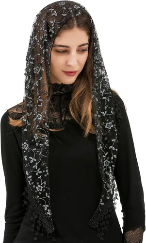 Vista 3 de PAMOR Triángulo velo de encaje Mantilla Catedral cabeza cubierta capilla velo para bodas masivas damas de honor