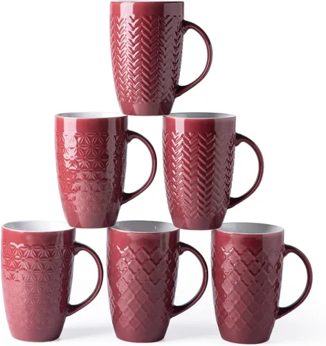 Vista 9 de AmorArc Juego de 6 tazas de café extragrandes de cerámica de 20 onzas con patrones geométricos texturizados para café, té, cerveza, cacao caliente