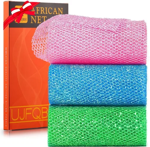 Vista 32 de Juego de ducha exfoliante de 3 piezas de red africana de estilo brillante, esponjas de baño largas para una piel suave y refrescada, el exterior