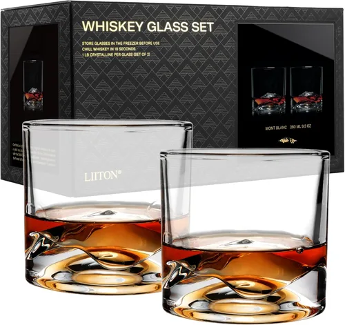 Vista 13 de LIITON American Peaks - Juego de 4 vasos de whisky de cristal pesado, vaso de bourbon grueso congelable de 1 libra cada uno, regalos de whisky