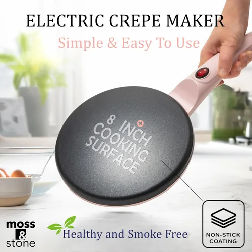 Vista 2 de Moss & Stone Máquina eléctrica de crepas rosa de 8 pulgadas, máquina de crepas portátil e interruptor de encendido/apagado de placa caliente