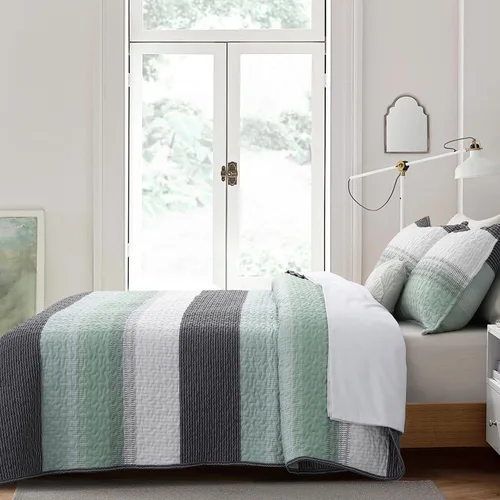 Vista 2 de DURLENGEN Juego de edredón a rayas tamaño Queen 3 piezas, diseño bohemio con rayas blancas, verde menta, azul y gris, juego de edredón ligero