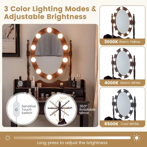 Vista 3 de Byroce - Juego de tocador con taburete acolchado, mesa de maquillaje con espejo ovalado iluminado giratorio de 360°, 3 cajones, 10 luces LED