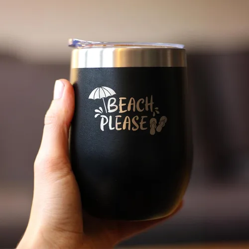 Vista 4 de Custom Beach Please - Travel Personalized Wine Tumbler with Sliding Lid - Stemless Stainless Steel Insulated Cup - Cute Funny Outdoor Camping Gift