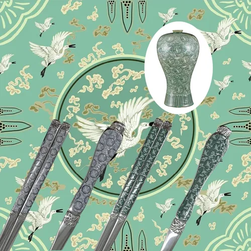 Vista 6 de Goryeo Celadon Design - Cuchara de arroz y palillos de acero inoxidable 430 con superficie brillante (azul, 5 juegos)