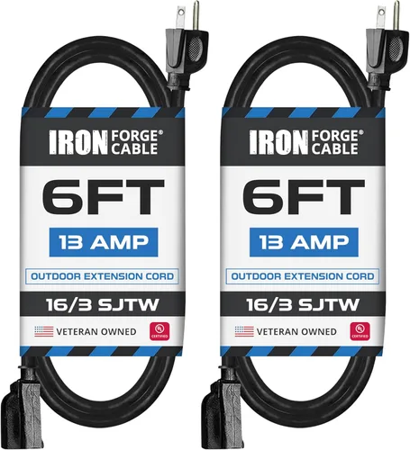 Vista 23 de Iron Forge Cable Paquete de 2 cables de extensión negros de 3 pies, cable de extensión de 16/3, 3 pies, 3 puntas, resistente a la intemperie, ideal
