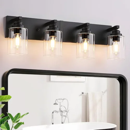 Vista 13 de Lámpara de baño negra y dorada, 3 luces de tocador de oro cepillado, 18.8 pulgadas, accesorios de iluminación de baño modernos de granja sobre