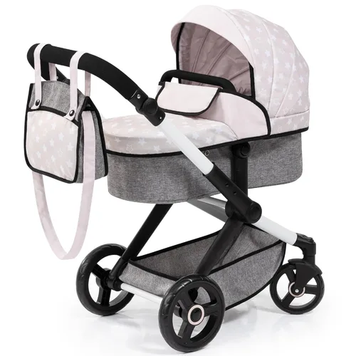 Bayer: Cochecito Xeo - Estrellas grises y blancas - Accesorio para muñecas de hasta 18 pulgadas, bolso de hombro, convertible en cochecito,