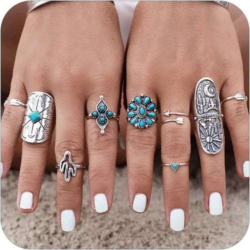 Harry and Henry Juego de anillos turquesa para mujer, anillos vintage occidentales, anillos de playa bohemios para adolescentes, niñas, plata,
