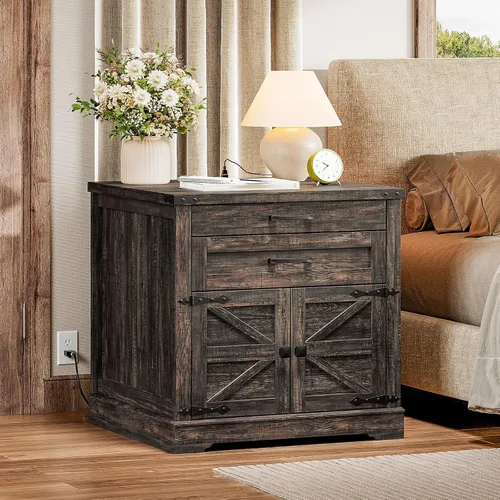 Vista 3 de RALGEND Farmhouse End Table with Charging Station, 24'' Sofa Side Table with 2 Drawers and Barn Door, Large Rustic Wooden Square Nightstand for