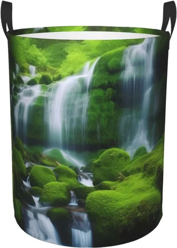 Waterfall Green print Circular Hamper Waterproof Storage Bin Organizer Basket Laundry Hamper With Handles For Clothes Toys Small