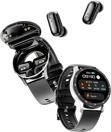 Reloj inteligente con auriculares, 2 en 1 TWS inalámbrico BT5.0, monitor de salud deportivo de fitness, color negro