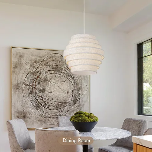 Vista 7 de Lámpara de araña moderna de 16 pulgadas con pantalla de tambor de lino escalonada, lámpara colgante para comedor, isla de cocina, mesa de granja