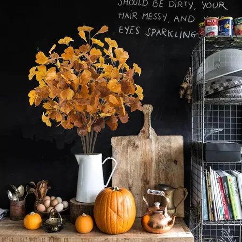 Vista 6 de 16 piezas de hojas de ginkgo artificiales, tallos de vegetación de otoño, flores artificiales de otoño en aerosol para jarrones de otoño, centros