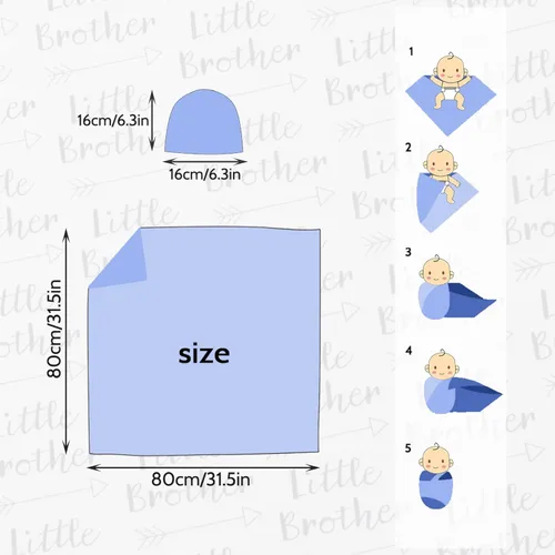 Vista 3 de Manta para recién nacido con juego de gorro, manta elástica suave para bebés niños y niñas de 0 a 3 meses (hermano)