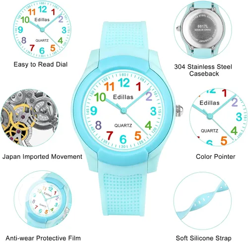 Vista 3 de Edillas Reloj Analógico para Niños y Niñas, Reloj de Pulsera Resistente al Agua para Aprender la Hora, Fácil de Leer para Niños
