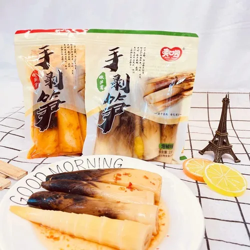 Brotes de bambú pelados a mano 7.05 oz/bolsa, brotes de bambú picantes y crujientes con pimientos en escabeche, aperitivos chinos picantes, brotes