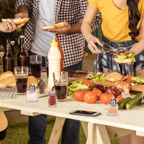 Vista 7 de 100 mini saleros y pimenteros de 0.5 onzas, recipiente pequeño a granel para condimentos de vidrio con tapa de acero inoxidable para viajes, hogar