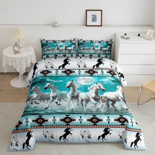 Vista 19 de Juego de ropa de cama con relleno de edredón con diseño de caballo y atrapasueños para niños, adolescentes y hombres, juego de edredón con estampado