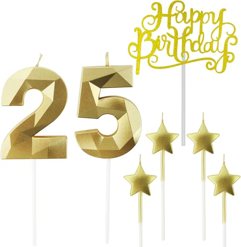 Vista 17 de Velas de cumpleaños doradas con número 20 y velas de estrella de cumpleaños de 7 cm Velas para pastel de cumpleaños en forma de diamante 3D son
