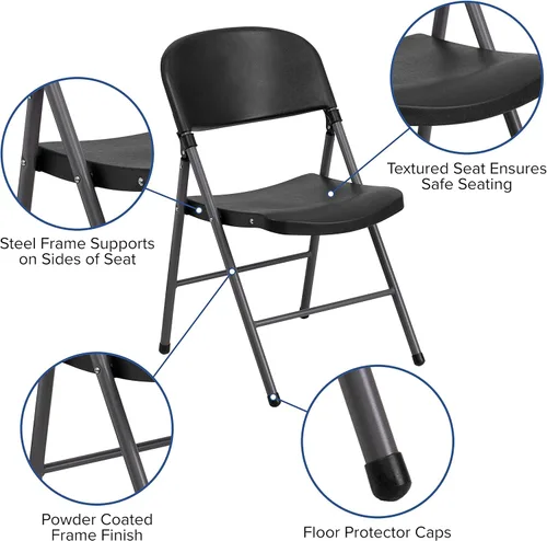 Vista 6 de Flash Furniture HERCULES Series Silla plegable de plástico negro con marco de carbón de 330 libras
