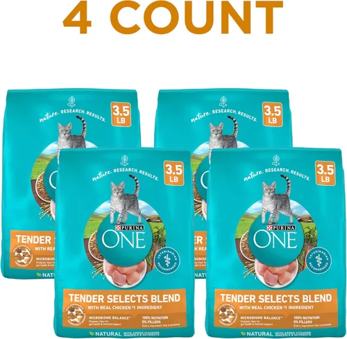 Vista 2 de Purina ONE Alimento seco natural para gatos, mezcla de pollo real Tender Selects (paquete de 4) bolsas de 3.5 libras
