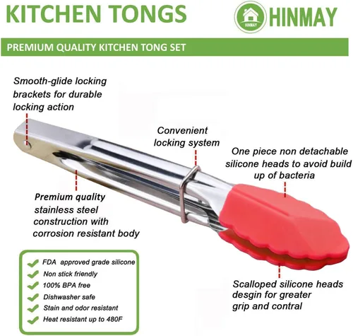 Vista 3 de HINMAY Pinzas pequeñas con puntas de silicona de 7 pulgadas, juego de 6 (verde, rojo, azul, morado, rosa, naranja)