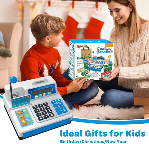 Vista 7 de Juguete de caja registradora para niños, juego de 120 piezas de tienda de comestibles con tarjeta de crédito, cajas de comestibles, micrófono
