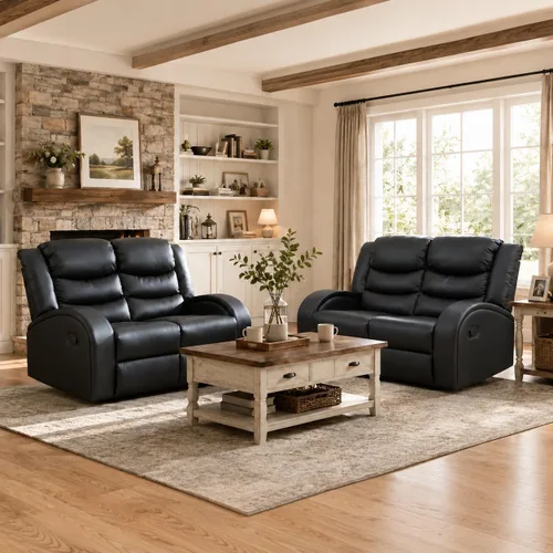 Vista 14 de Juego de muebles de 3 piezas para sala de estar, juego de sofá reclinable seccional, sofás reclinables de cuero, movimiento manual, sala de Negro