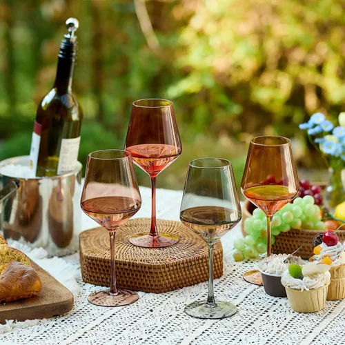 Vista 9 de Copas de vino de cristal sin tallo: juego de 4-15oz Lindas copas de vino marrón soplado a mano ámbar sin tallo para cena de otoño invierno