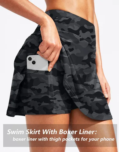 Vista 4 de Falda de natación de cintura alta para mujer con bolsillos con cremallera, control de abdomen, traje de baño tankini