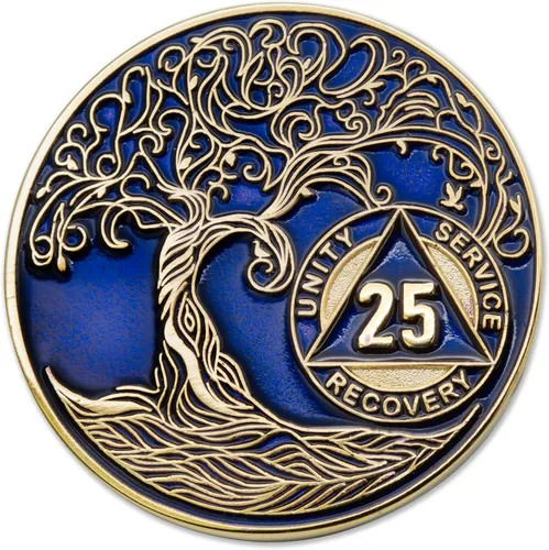Vista 151 de 1 año Sobriety Mint Twisted Tree of Life Medallón de recuperación AA chapado en oro, chip/ficha - negro