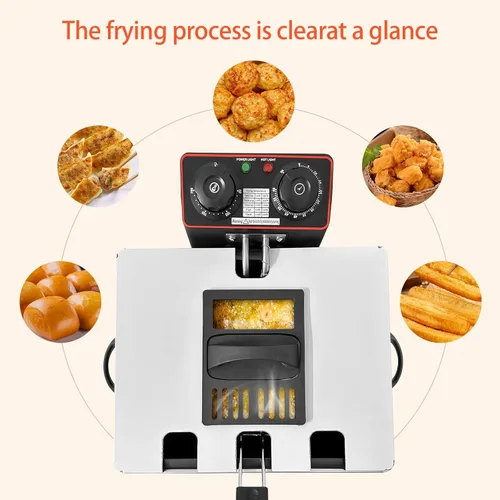 Vista 4 de Freidora de 5L 1300W con 3 cestas, Yangbowan freidora eléctrica para uso doméstico, con control de tiempo y temperatura, tapa de acero inoxidable
