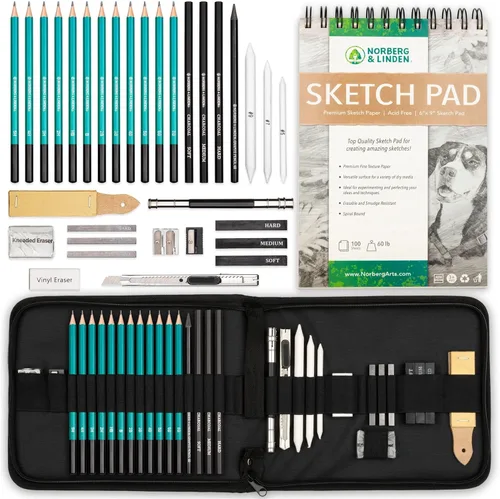 Norberg & Linden XL Set de Dibujo - Lápices para Bocetos, Grafito y Carbón. Incluye Cuaderno de Dibujo de 100 Páginas, Borrador de Arcilla, Estopa